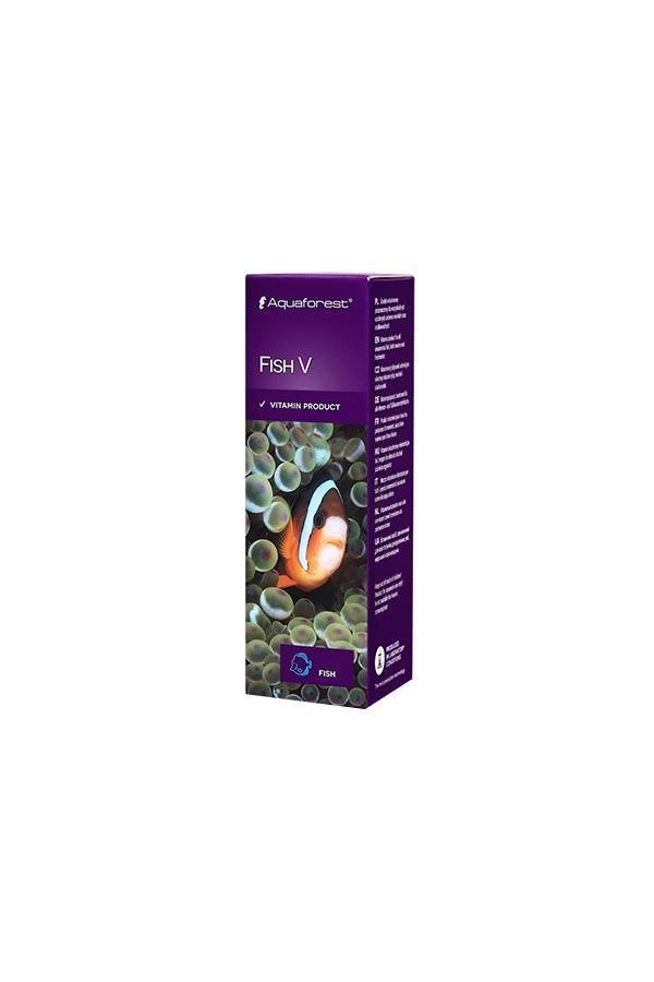 Aquaforest Fish V 10ml marine fish vitamin product box with clownfish and anemone image